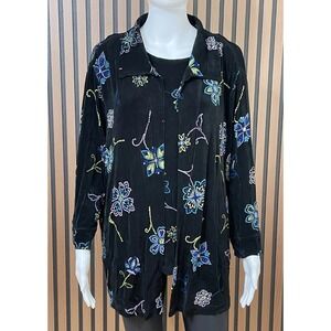 The Travel Collection Women's 2X Black 2pc Knit‎ Tank Cardigan Set Floral Boho